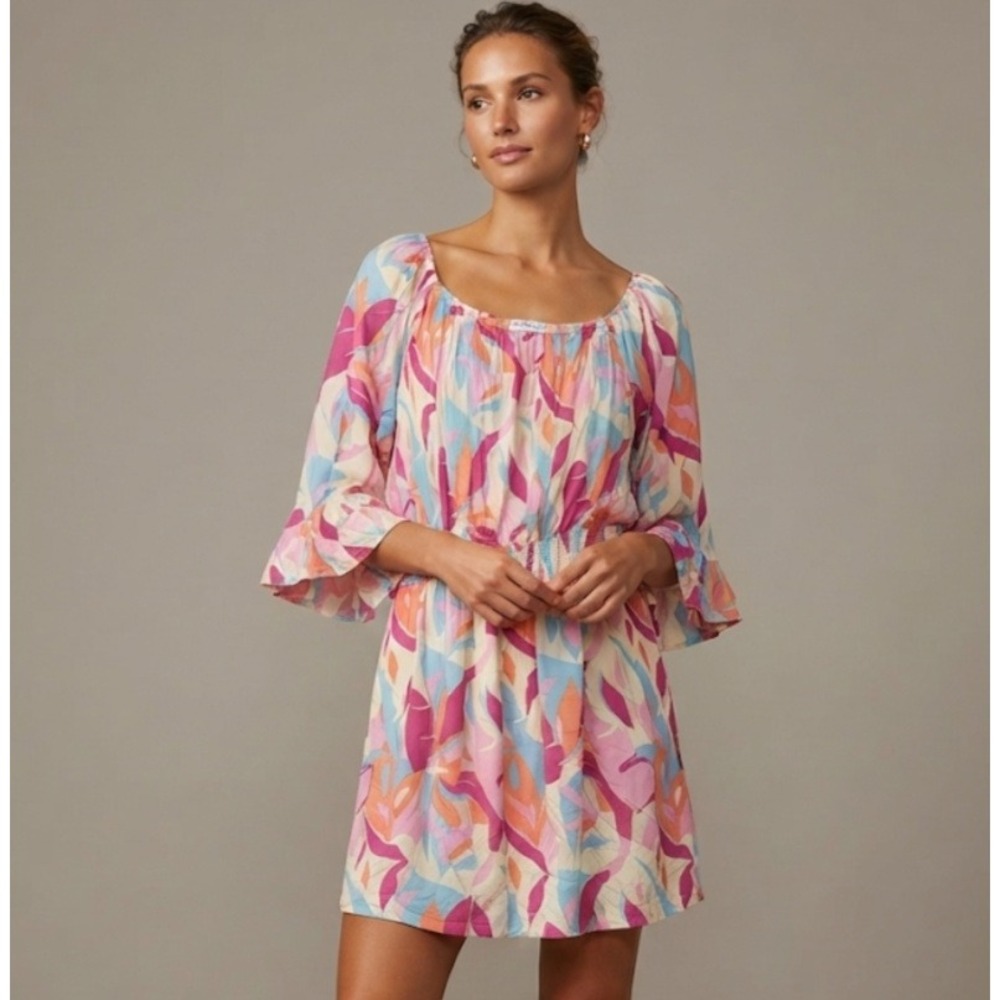 Emily Wonder Womens 2X Abstract Tropical Leaf Smocked Mini Dress Pink Blue